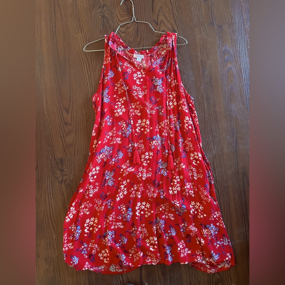Red, floral, sleeveless, loose fitting, cute dress, size large